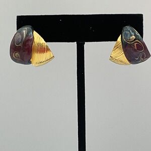 Gold‎ Tone Enamel Earrings Burgundy Blue Swirl Design Geometric